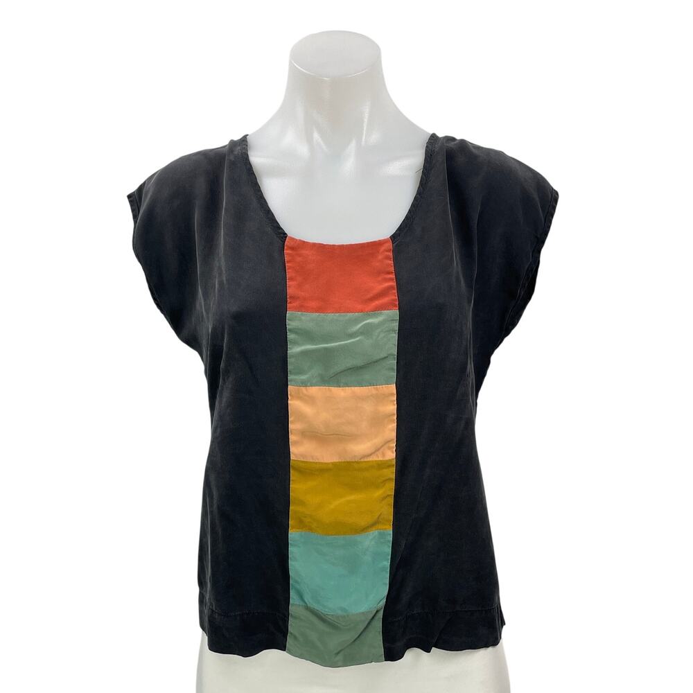 Obus 100% Silk Women's Black Short Sleeves Colorblock Scoop Neck Blouse Top Sz 1